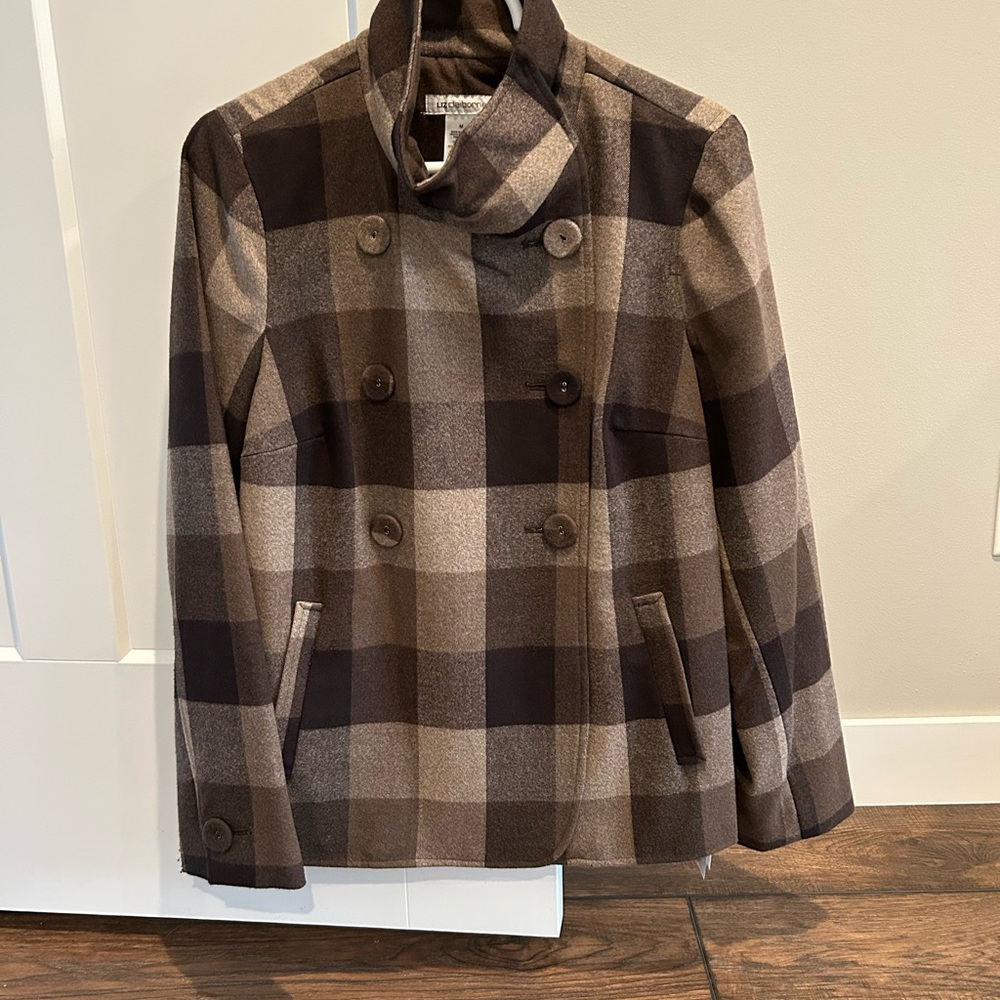 Liz Claiborne Brown Plaid Pea Coat, Size M, New With Tags